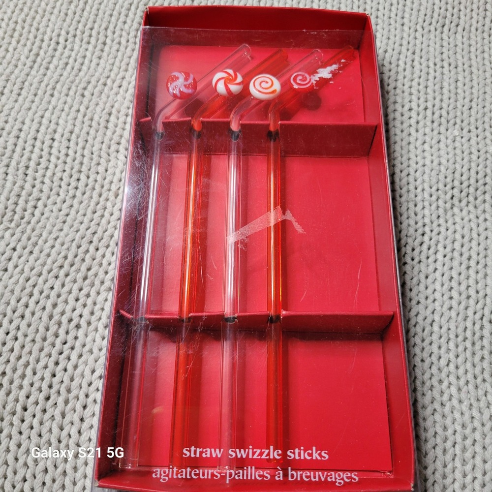 Pier 1 Imports Glass Peppermint Straw Swizzle Sticks Set of 4 Red White Holiday